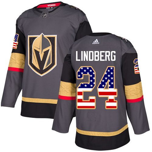 Adidas Golden Knights #24 Oscar Lindberg Grey Home Authentic USA Flag Stitched NHL Jersey - Click Image to Close
